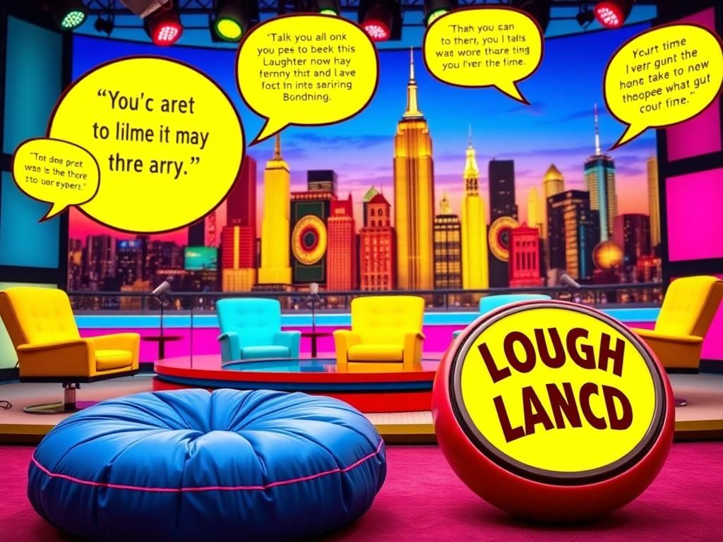 Flick International A vibrant and whimsical talk show set design featuring oversized props and a colorful city skyline