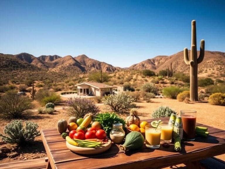 Flick International Serene desert landscape in Arizona with a wooden picnic table of healthy foods