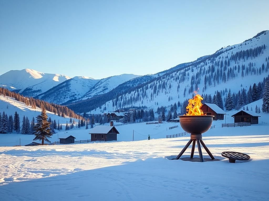 Flick International Serene winter landscape of Squaw Valley during the 1960 Winter Olympics featuring snow-covered mountains and an Olympic cauldron