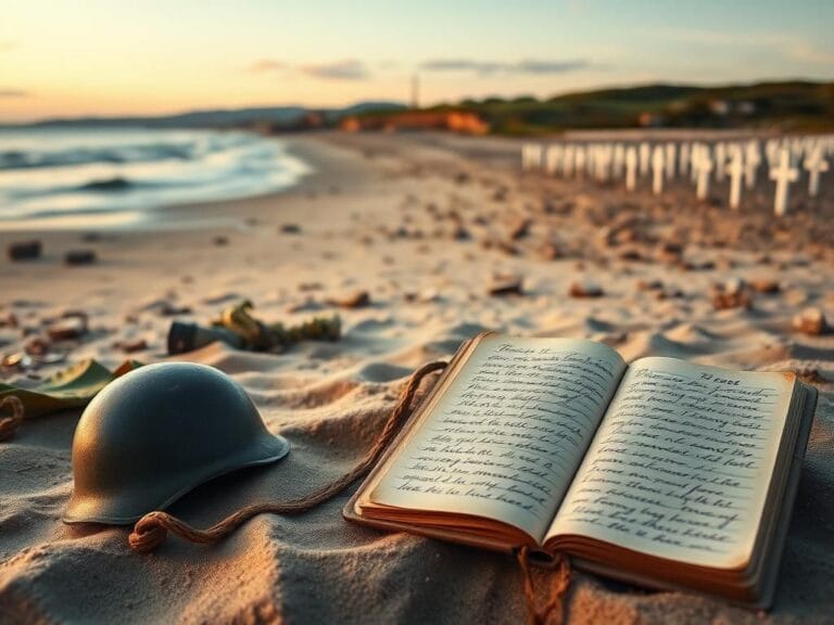 Flick International A serene dawn scene of Omaha Beach with military remnants symbolizing WWII history.