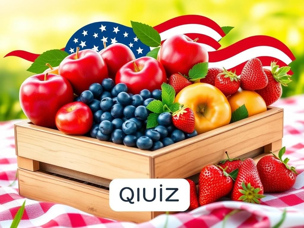 Flick International Vibrant collage of American fruits like apples, blueberries, and strawberries in a rustic wooden crate with American flag elements