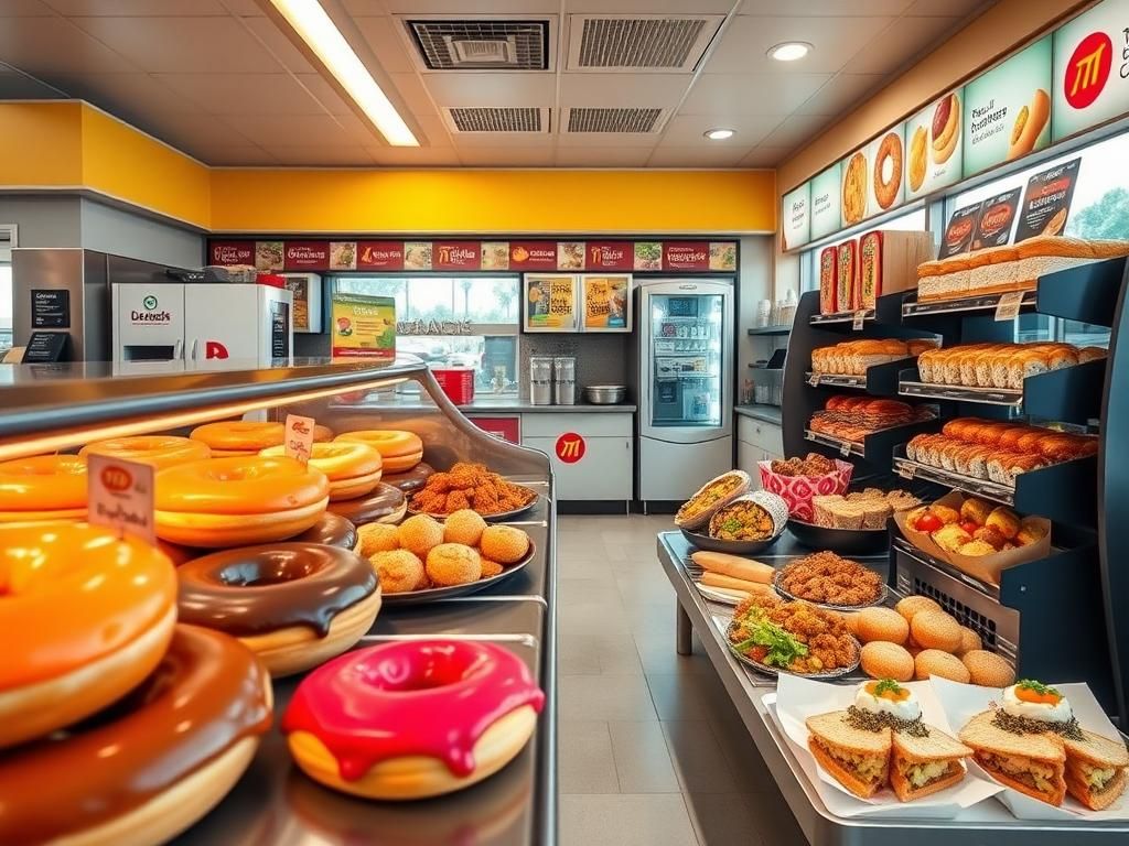 Flick International A vibrant gas station convenience store interior showcasing delicious food offerings including freshly baked doughnuts and fried chicken.