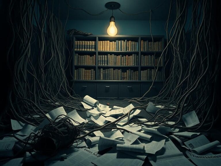 Flick International Darkened room filled with tangled vines and discarded headlines representing misinformation about transgender youth treatments