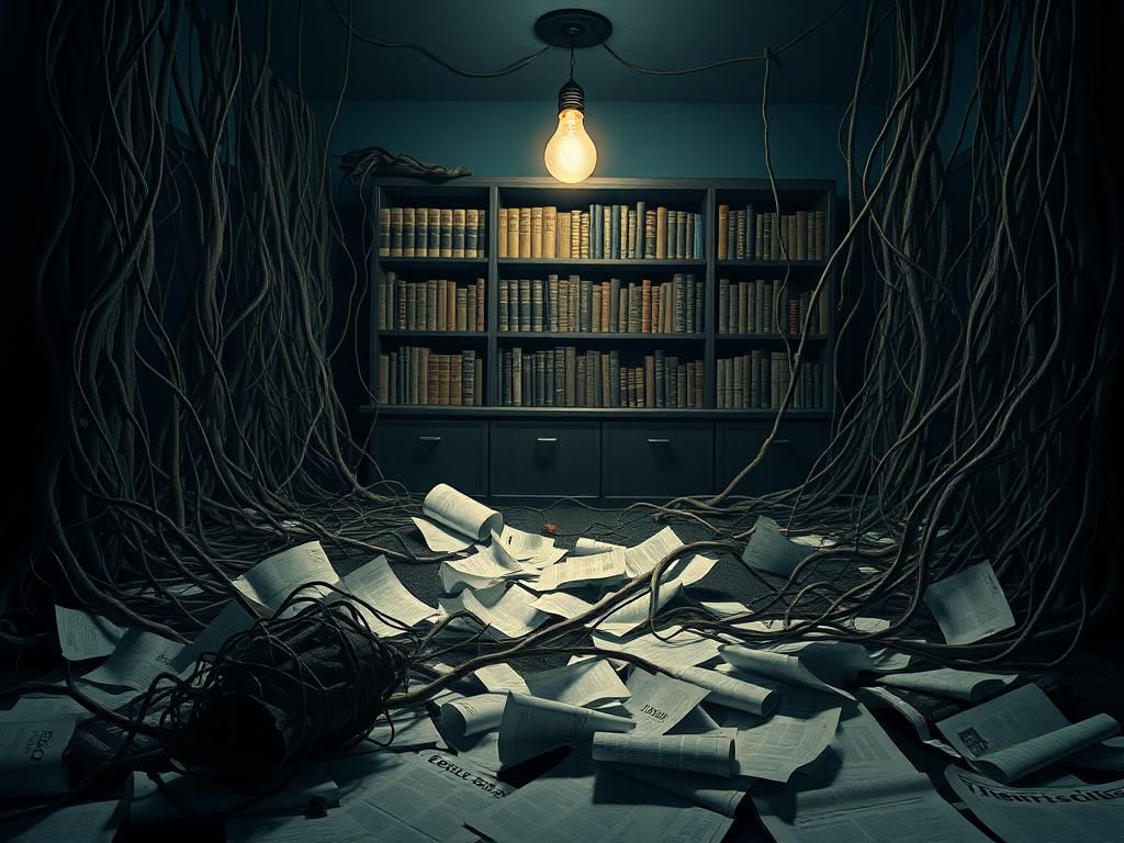 Flick International Darkened room filled with tangled vines and discarded headlines representing misinformation about transgender youth treatments