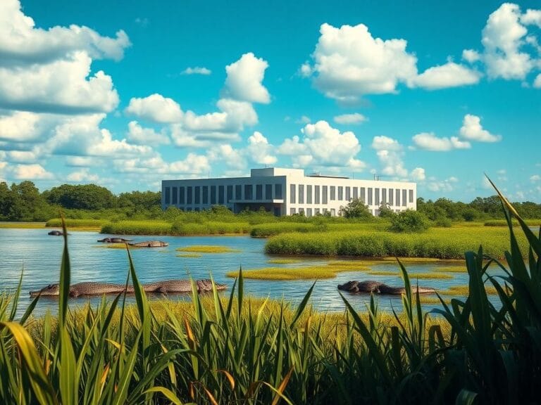 Flick International A vibrant landscape of the Alligator Alcatraz migrant detention center surrounded by lush Everglades greenery.