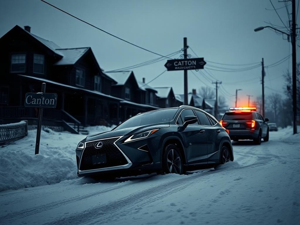Flick International A dark, snowy street in Canton, Massachusetts with a Lexus SUV parked askew