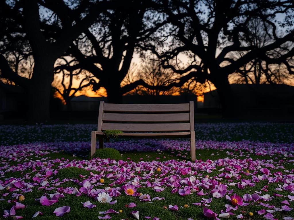 Flick International A serene garden scene at twilight showcasing the remnants of a vibrant flowerbed, symbolizing beauty and solitude.