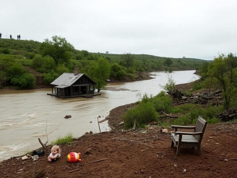 Flick International Serene yet somber landscape of Kerr County, Texas, post-flood with swollen Guadalupe River and debris