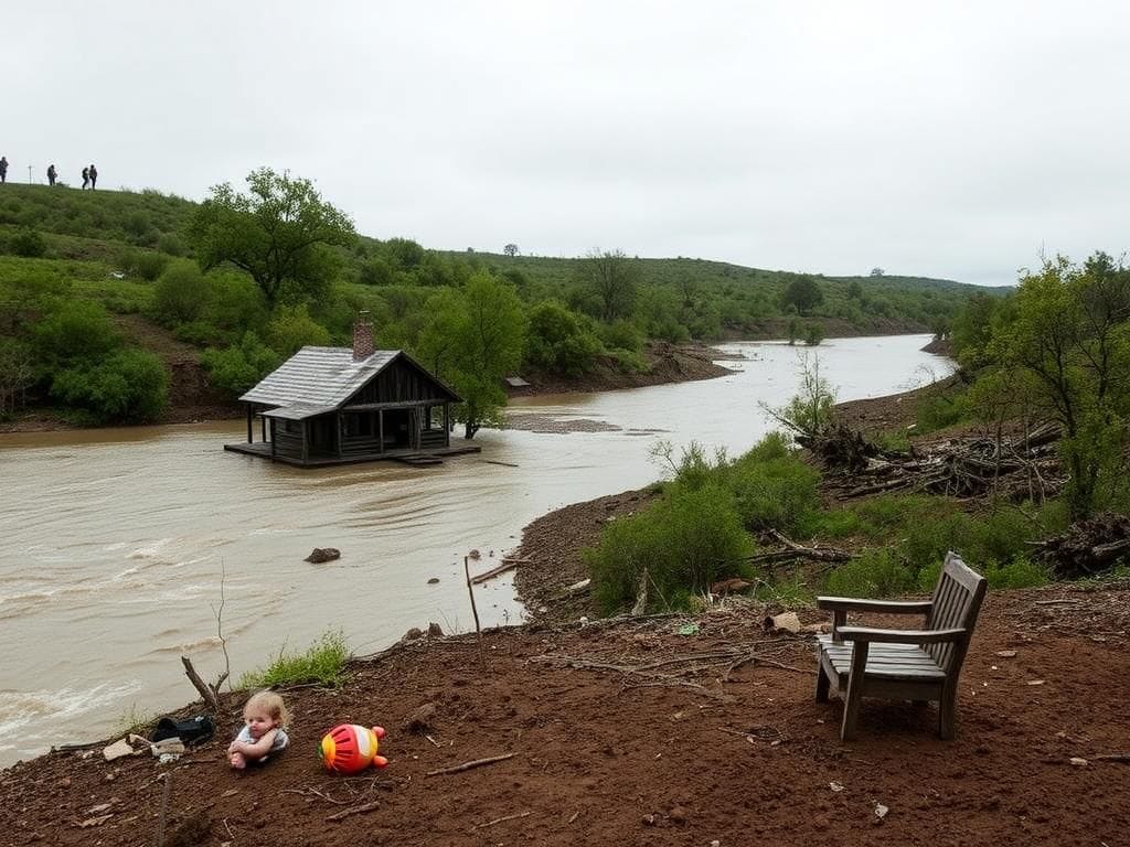 Flick International Serene yet somber landscape of Kerr County, Texas, post-flood with swollen Guadalupe River and debris