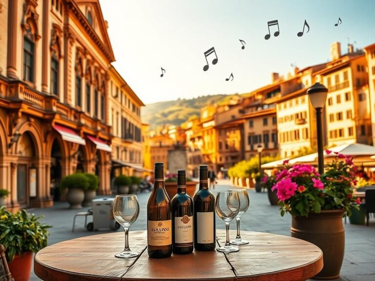 Flick International Charming Italian plaza in Florence with vintage wine bottles and glasses