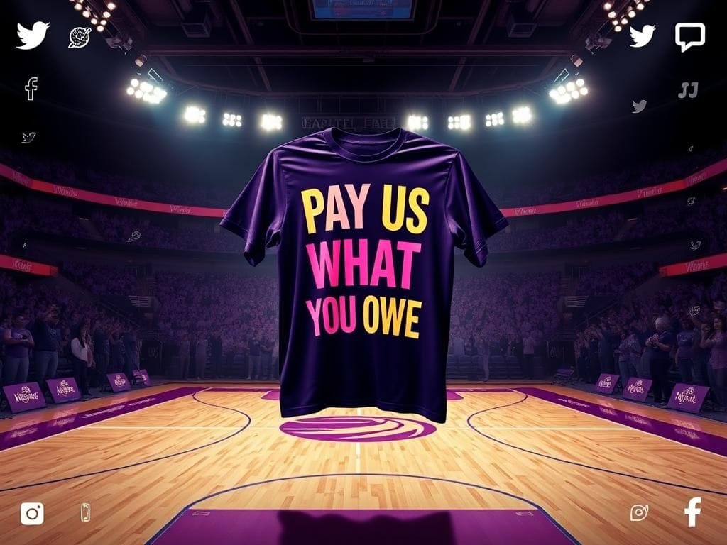 Flick International Dramatic scene of an empty basketball court featuring a T-shirt with the message 'Pay Us What You Owe Us'