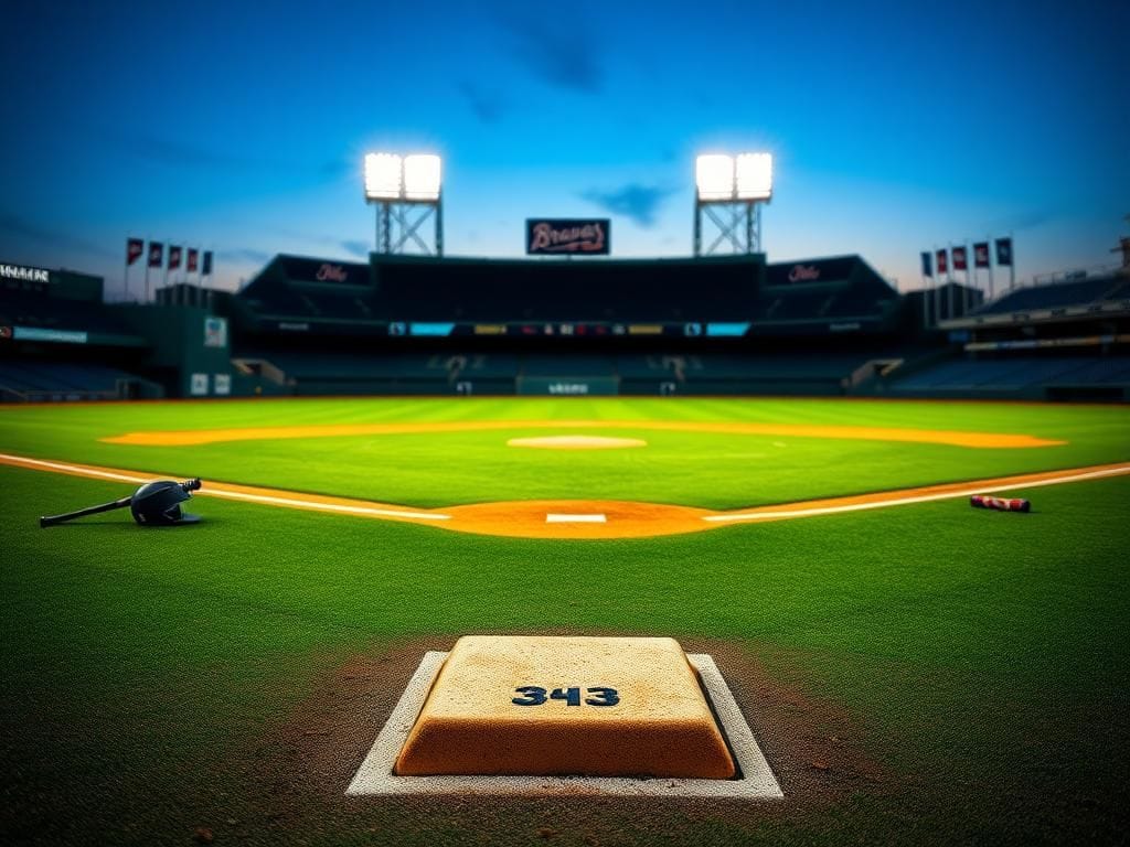 Flick International A dynamic baseball scene capturing a bright green diamond under stadium lights during twilight, focusing on third base and scattered equipment.