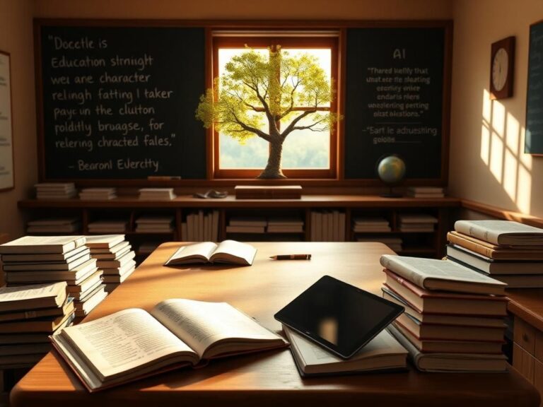 Flick International A serene classroom setting with a wooden desk, books, and a chalkboard displaying educational quotes.