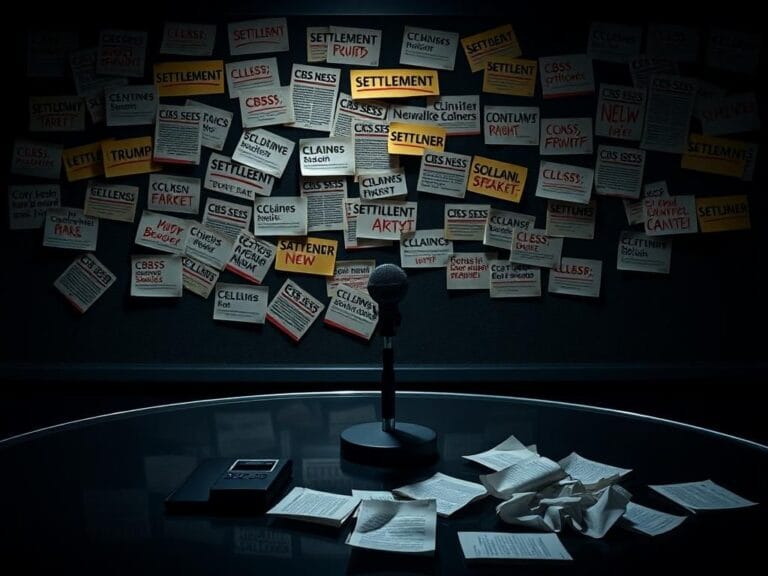 Flick International Dark newsroom backdrop with chaotic news headlines related to CBS settlement with Trump