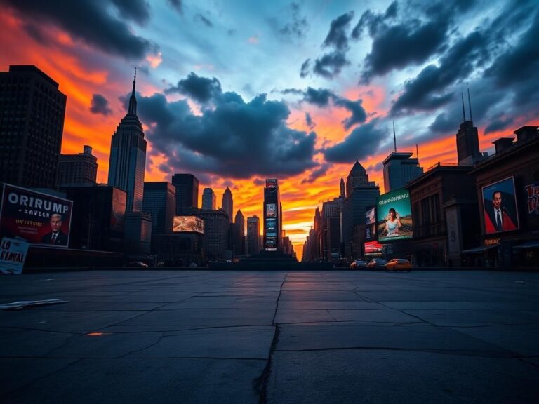 Flick International Dramatic urban skyline of New York City at dusk with skyscrapers and a vibrant sunset
