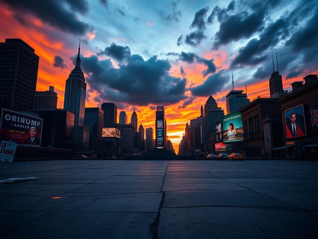 Flick International Dramatic urban skyline of New York City at dusk with skyscrapers and a vibrant sunset