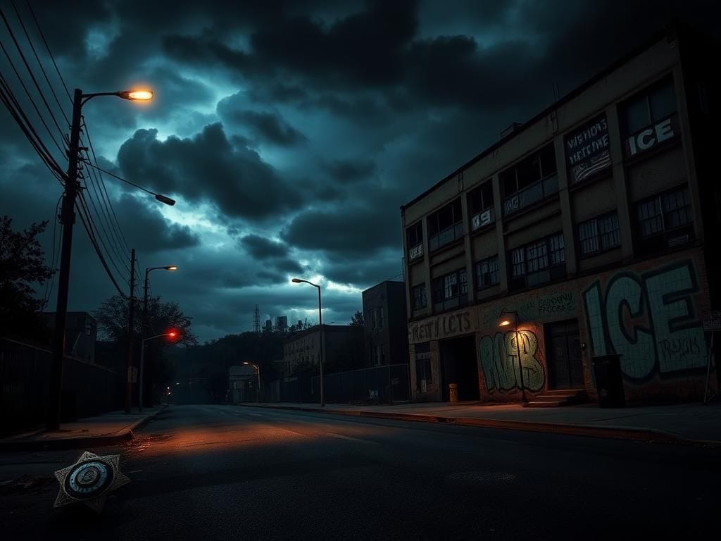 Flick International A shadowy urban landscape illustrating the challenges faced by ICE officers in an atmosphere of uncertainty.