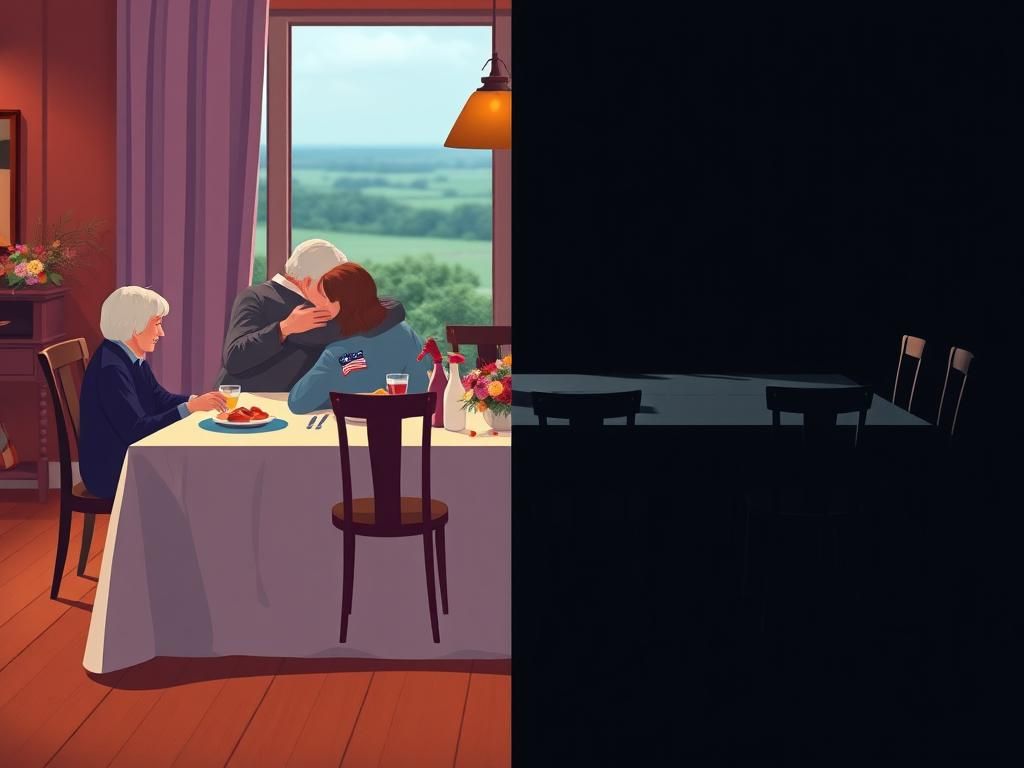 Flick International Split scene of contrasting family gatherings during a meal, illustrating unity and division.