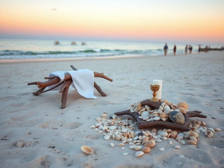 Flick International Serene beach scene at sunrise with driftwood altar