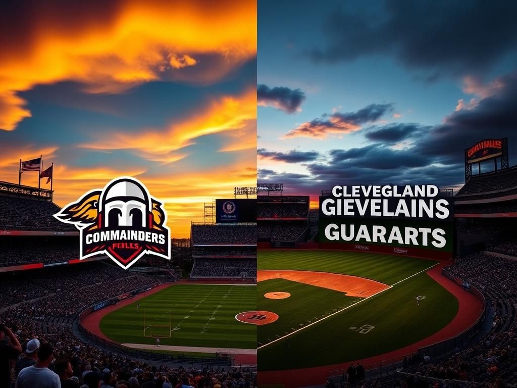 Flick International Split view of Washington Commanders football stadium and Cleveland Guardians baseball field at sunset