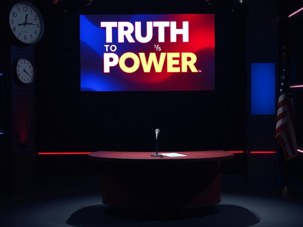 Flick International Dimly lit late-night television studio with an empty desk and microphone, symbolizing Stephen Colbert's show.