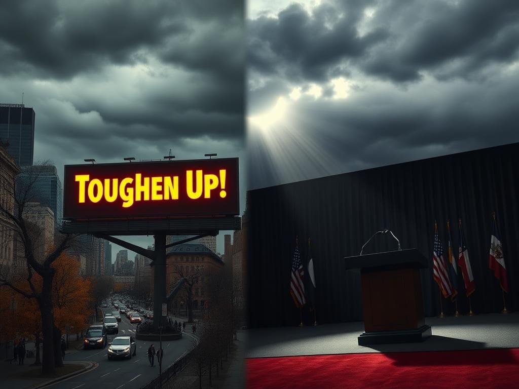 Flick International A split scene depicting a bustling urban area with a bright billboard reading 'Toughen Up!' alongside a dark, empty press conference setting under a spotlight.