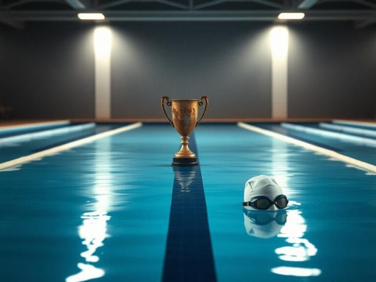 Flick International A somber swimming pool reflecting overhead lights, symbolizing the intersection of gender identity and competitive sports.