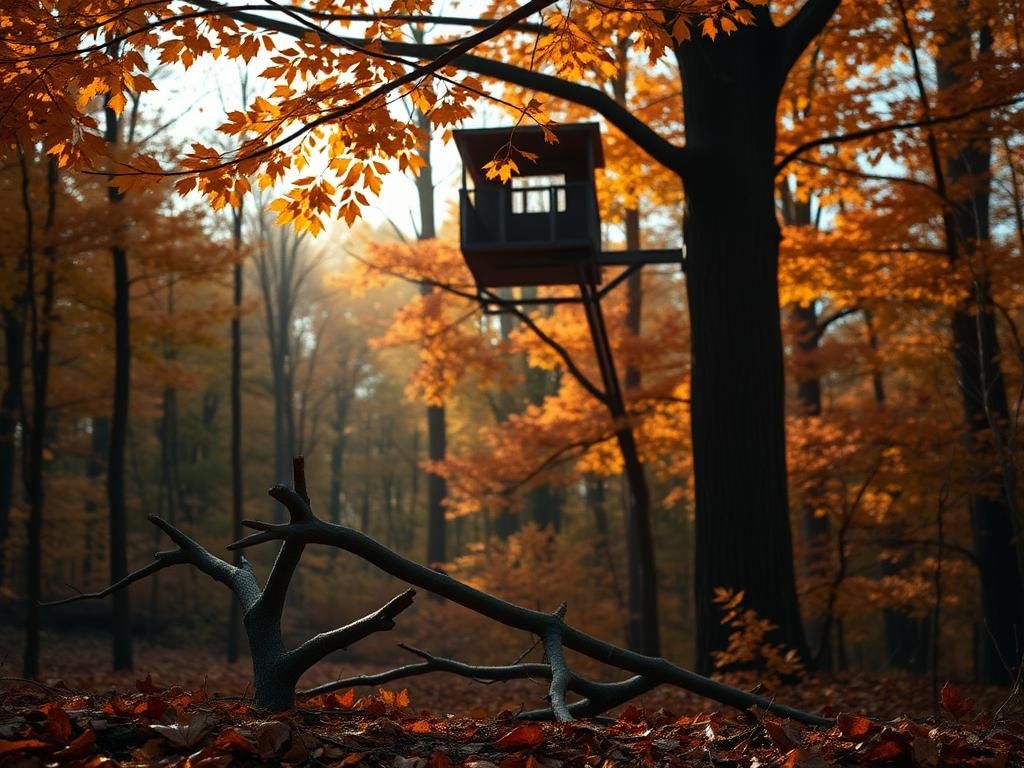 Flick International Serene woodland scene with a deer stand high in a tree, highlighting the height of the fall