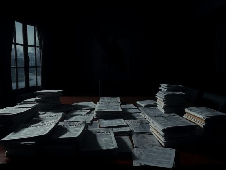 Flick International A shadowy room filled with declassified documents related to conspiracy claims against Trump