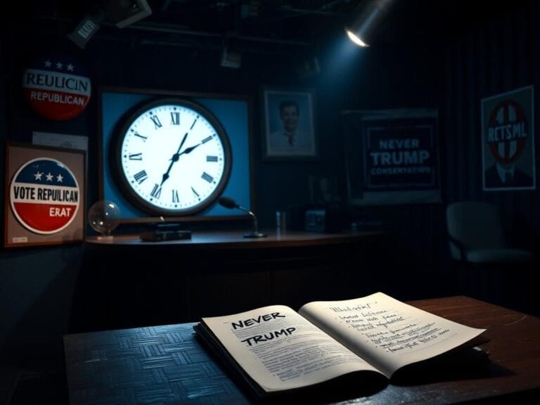 Flick International Dimly lit late-night television studio set with empty desk and political memorabilia