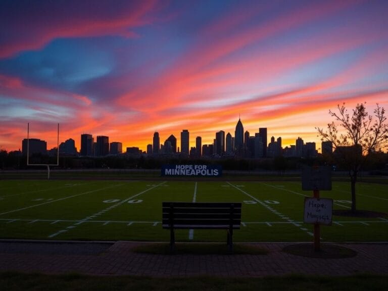 Flick International A panoramic view of the Minneapolis skyline at dusk with an empty football field in the foreground