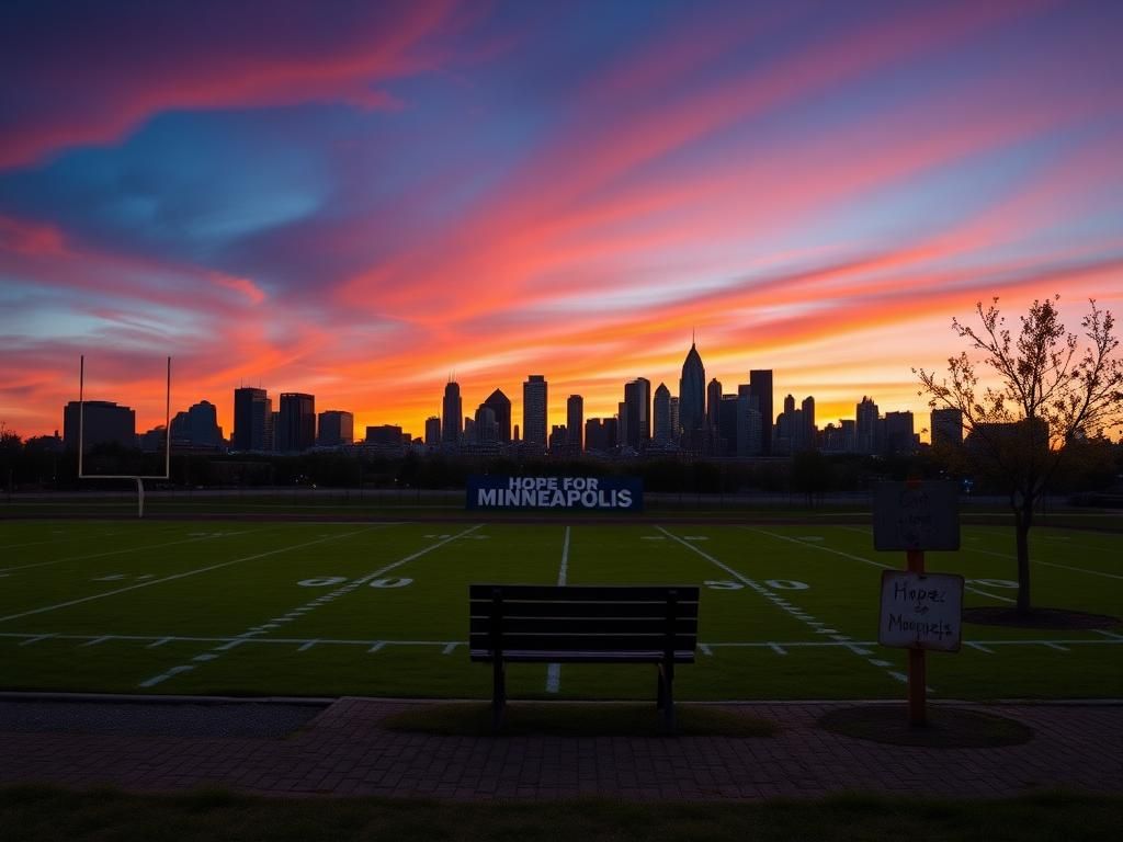 Flick International A panoramic view of the Minneapolis skyline at dusk with an empty football field in the foreground