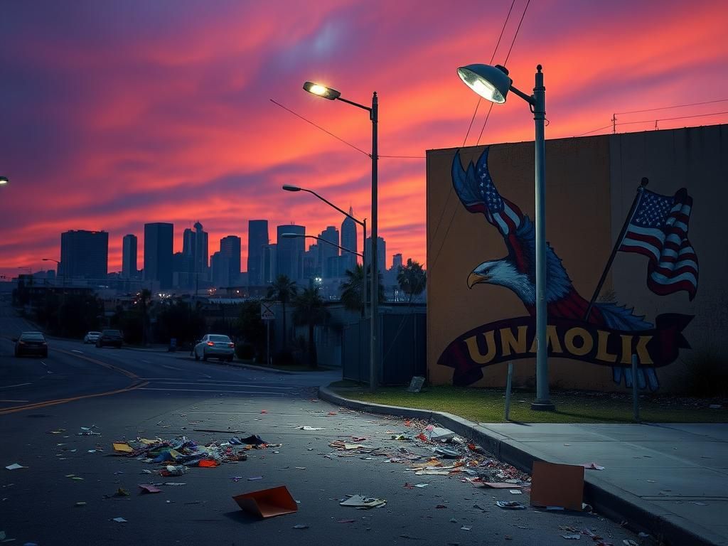 Flick International A desolate urban street in Los Angeles with remnants of recent unrest, showcasing scattered debris and shattered glass