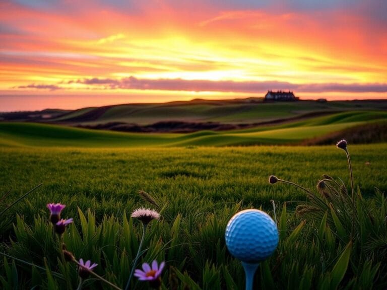 Flick International Golf ball on a tee at sunset in Royal Portrush Golf Club