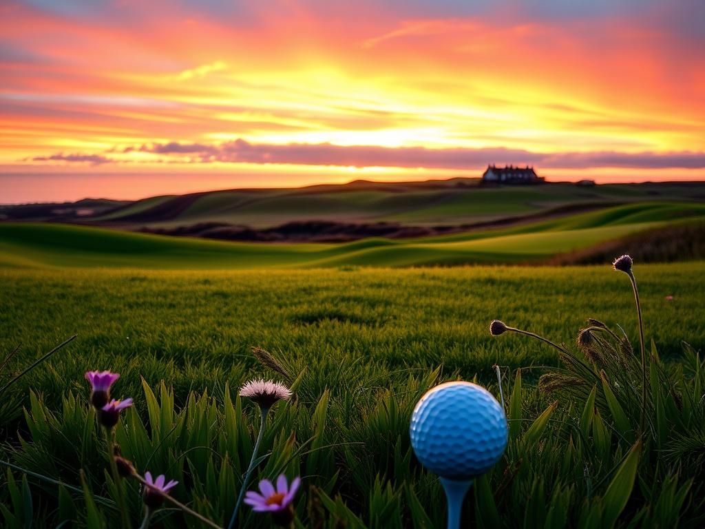 Flick International Golf ball on a tee at sunset in Royal Portrush Golf Club