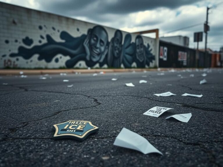 Flick International Abandoned ICE agent badges on cracked asphalt in a deserted urban setting