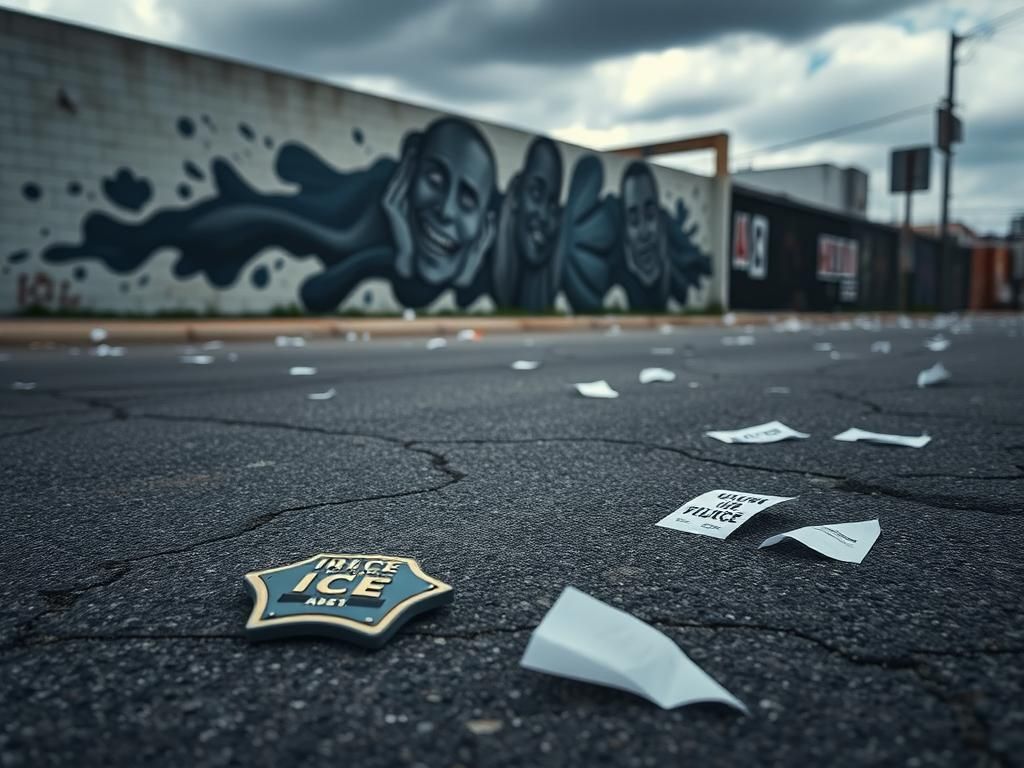 Flick International Abandoned ICE agent badges on cracked asphalt in a deserted urban setting