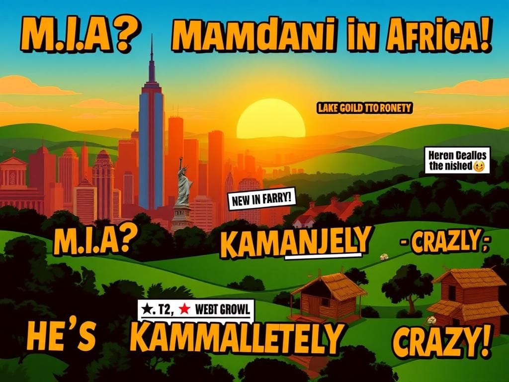 Flick International Stylized skyline of New York City blending with Ugandan landscape