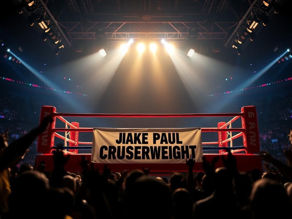 Flick International Dramatic boxing ring scene with bright lighting and WBA Cruiserweight canvas