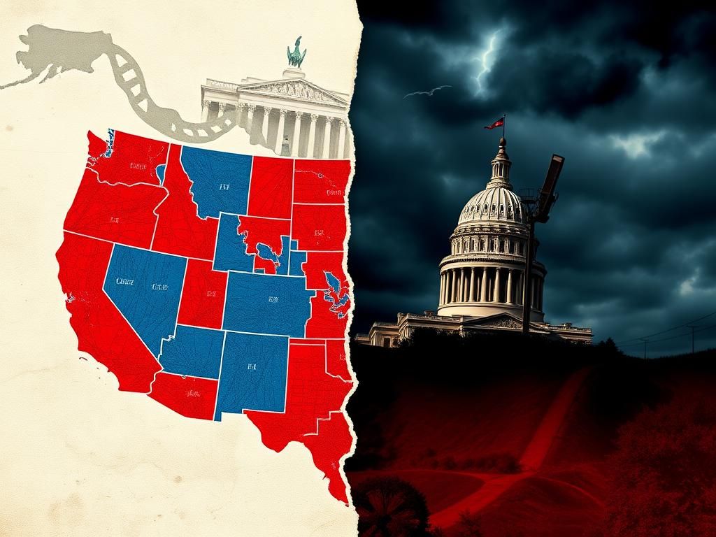 Flick International A dramatic depiction of a gerrymandered congressional district map juxtaposed with California's iconic landmarks.