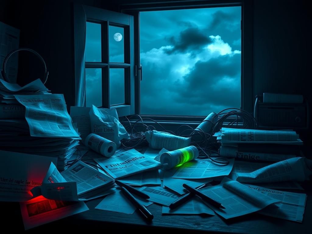 Flick International A conceptual representation of media bias with a cluttered desk and stormy background.