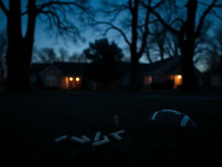 Flick International Scene depicting scattered shell casings in a somber Tennessee neighborhood after a tragic shooting involving an Ole Miss football player