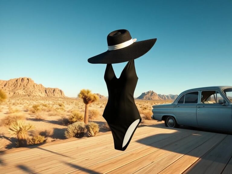 Flick International Halle Berry in a black and white one-piece swimsuit with a large black sunhat on a wooden deck in Joshua Tree, California