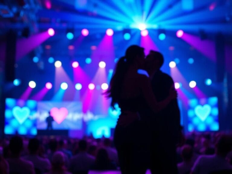 Flick International Colorful concert scene with blurred Kiss Cam screen displaying couple silhouettes