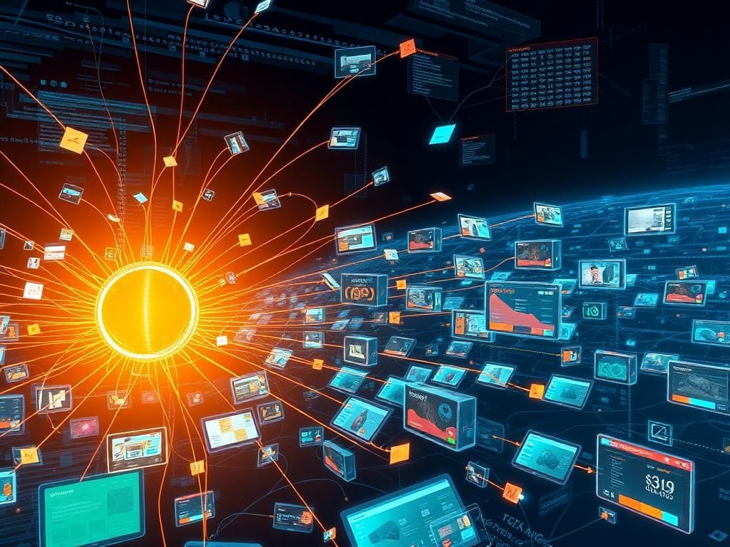 Flick International A futuristic digital landscape representing Amazon's AI project 'Starfish' with interconnected product listings.