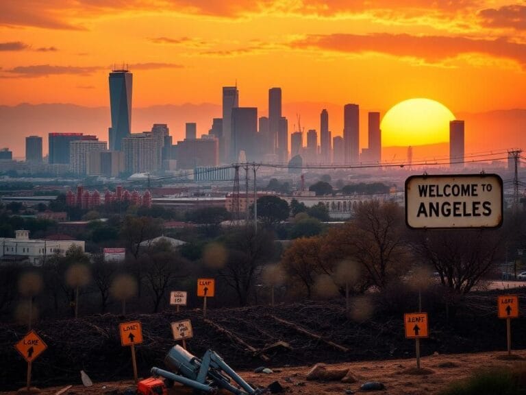Flick International A bustling urban landscape of Los Angeles with skyscrapers and immigrant labor symbols