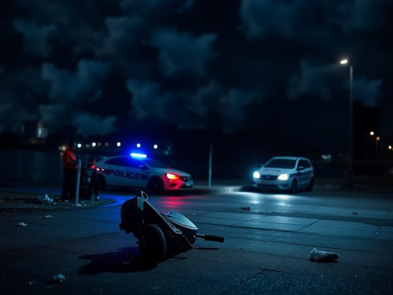 Flick International A dark urban scene depicting a desolate street corner with an overturned scooter, suggesting recent turmoil.