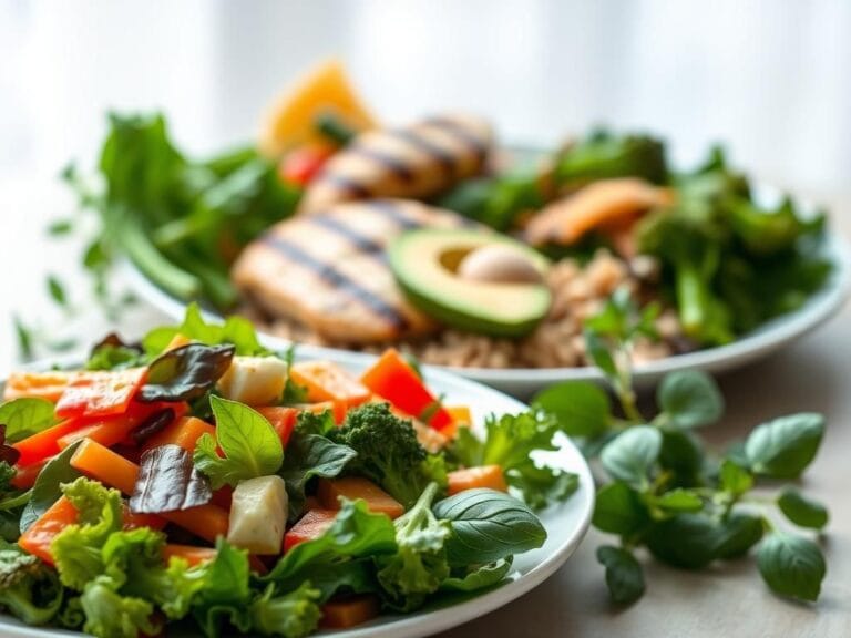 Flick International A beautifully arranged plate of colorful, fiber-rich vegetables alongside grilled chicken and whole grains.