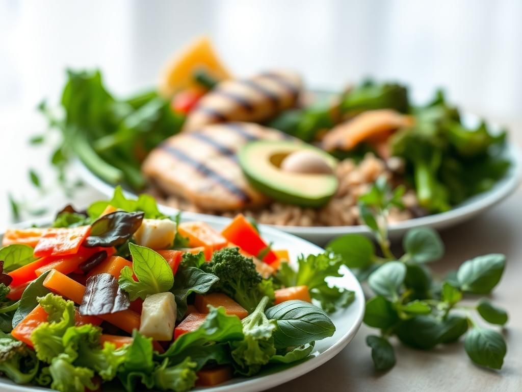 Flick International A beautifully arranged plate of colorful, fiber-rich vegetables alongside grilled chicken and whole grains.