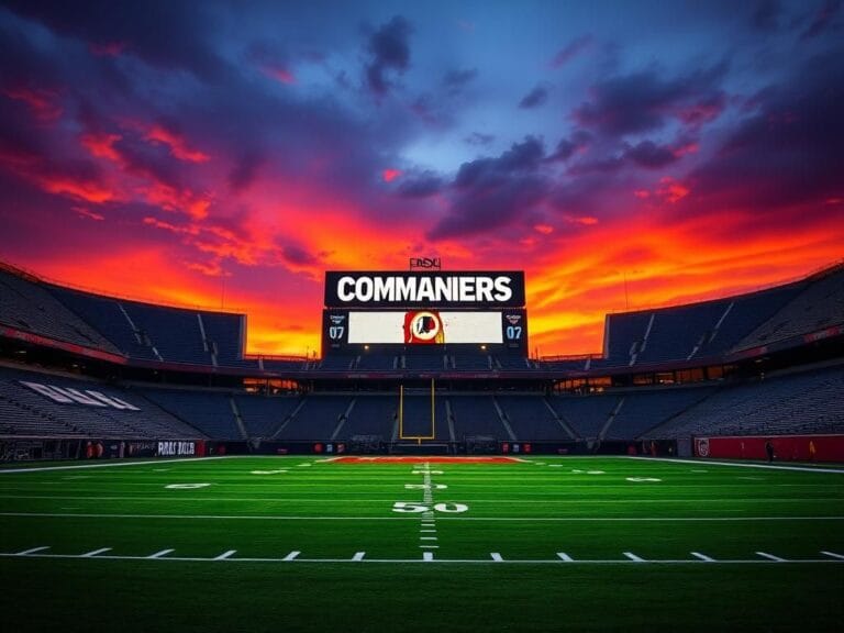 Flick International Empty football stadium at sunset with illuminated scoreboard displaying 'Commanders'